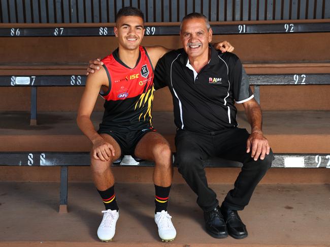 6.2.2020.Kobe Wilson who is the grandson of former Central District player Wilbur Wilson has just been named in Port Adelaide's Aboriginal Academy for 2020.Kobe and Wilbur at Alberton Oval.PIC TAIT SCHMAAL.