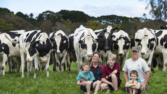 Kate Bland runs an 800-head dairy operation in Foster, South Gippsland. Pictured (from left to right): 7yo Cody, Kate, 12yo Alex, Deb and 9yo Blair Bland Picture: Zoe Phillips