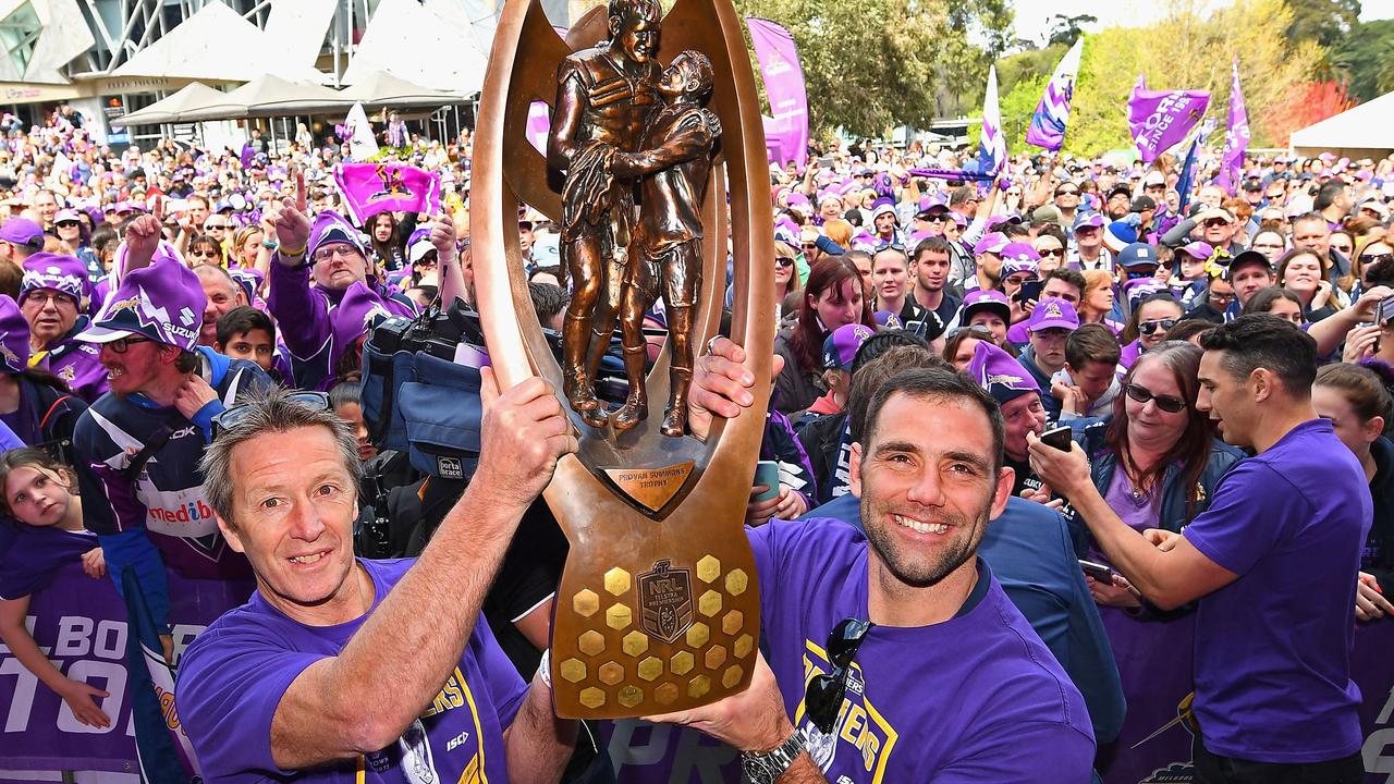 Cameron Smith and Craig Bellamy celebrate the Storm’s 2017 grand final win