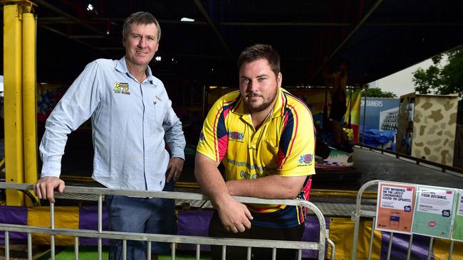 Operators Errol Spoor and Roy Johnson at the new dodge em cars at Townsville Mini Golf, a collaboration with ride operators who have found themselves without business after many shows and carnivals were cancelled. PICTURE: MATT TAYLOR.