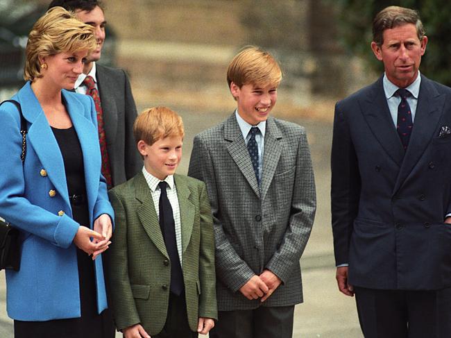 Prince William with Prince Harry, Princess Diana and the then Prince Charles on his first day at Eton. Picture: WireImage