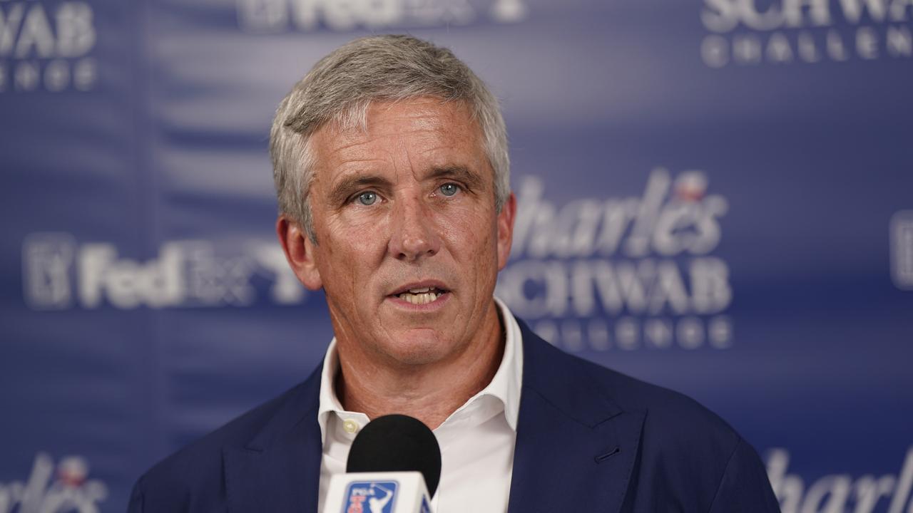 Jay Monahan, Commissioner of the PGA Tour, speaks with the media during the third round of the Charles Schwab Challenge. (Photo by Sam Hodde/Getty Images)
