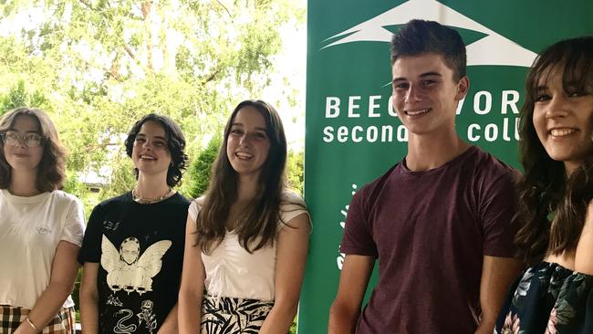 Beechworth Secondary College's top performing students in 2020 were (from left) Grace Rutherfurd, 84, Keeley Morrison, 91.5, Lily McPherson, 99.5, Liam McPherson, 96.75, Tiahn Barnard, 93.6.