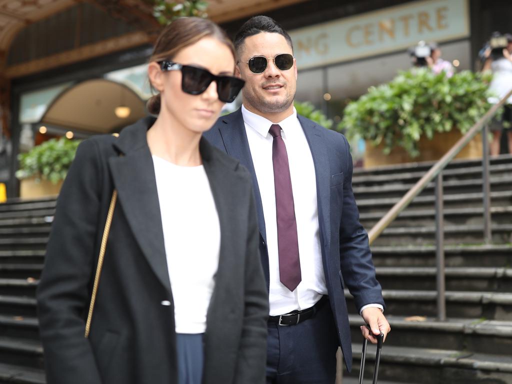 Former NRL superstar Jarryd Hayne leaving the Downing Centre with his wife Amelia Bonnici, during the trial. Picture: NCA NewsWire/Christian Gilles