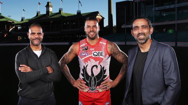 Three legends of the Sydney Swans (from left) Michael O'Loughlin, Lance Franklin and Adam Goodes at the SCG. Picture. Phil Hillyard