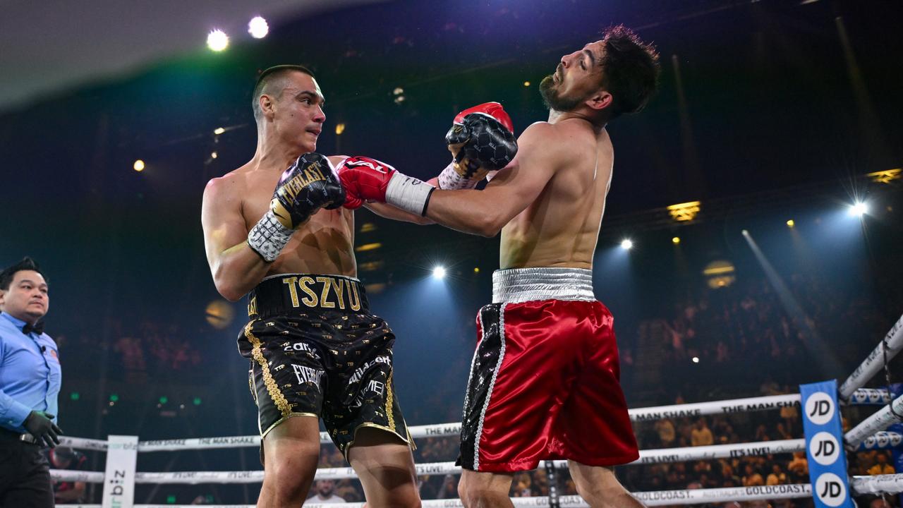 Tim Tszyu defeats Carlos Ocampo with a first round knockout. Picture: No Limit Boxing