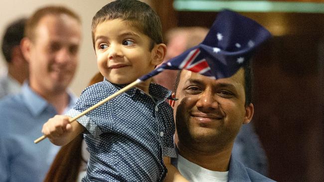 Srithan Pandiri, 2 with his dad Naga Pandiri have become Australian citizens. Picture: Sarah Matray