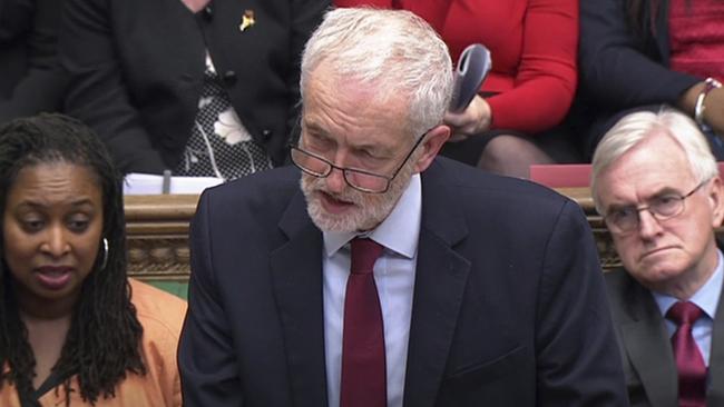 Labour Party leader Jeremy Corbyn speaks to parliament after the government's Brexit withdrawal agreement was voted down on Friday local time. Picture: House of Commons feed via AP