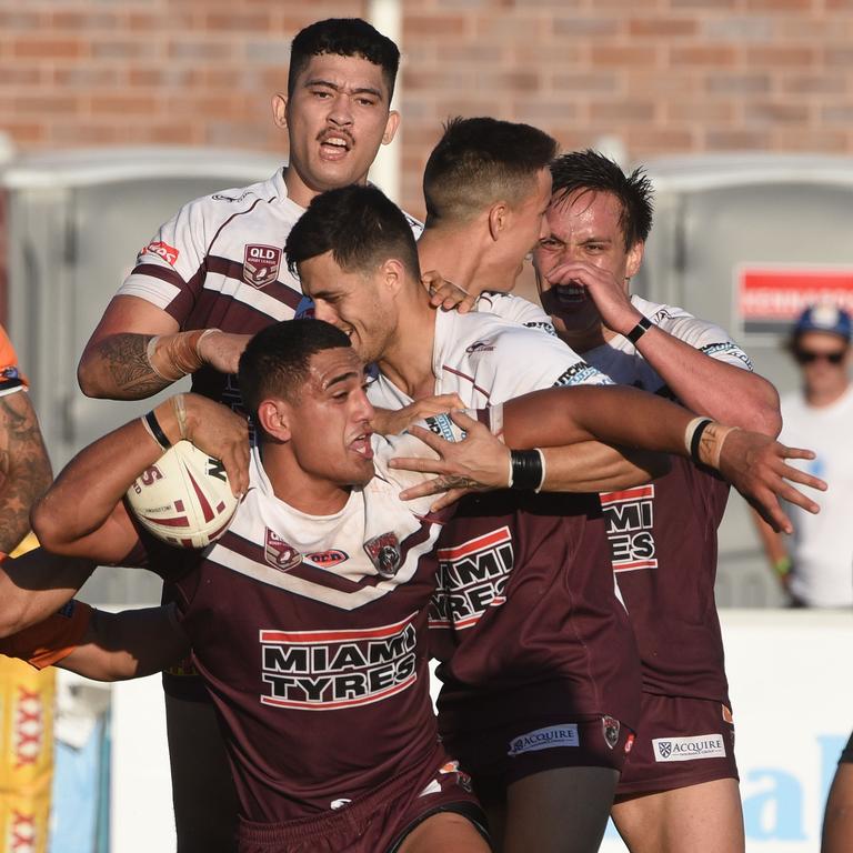 Rugby League Gold Coast A grade grand final between Burleigh and Southport at Pizzey Park. Burleigh's Darius Farmer scores a try. (Photo/Steve Holland)