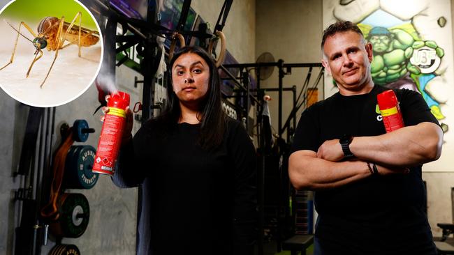 Tanya Kaur and Michael Paps, the co-owners of the U8F Gym in Chipping Norton, are affected by the mosquito plague that has descended on southwest Sydney. Picture: Jonathan Ng