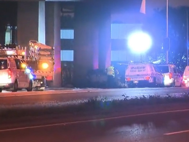 The vehicle smashed into a pylon supporting the Gateway overpass at Kingsford Smith Drive and burst into flames. Picture: Nine/Today Show.