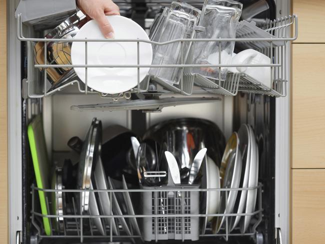 woman is using a dishwasher in a modern kitchen