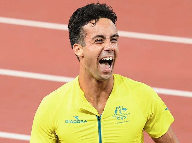 GOLD COAST, AUSTRALIA - APRIL 12:  Luke Mathews of Australia celebrates winning bronze in the Men's 800 metres final during athletics on day eight of the Gold Coast 2018 Commonwealth Games at Carrara Stadium on April 12, 2018 on the Gold Coast, Australia.  (Photo by Matt Roberts/Getty Images)