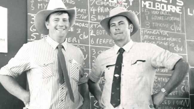 Graeme Acton (left) with brother Alan at the inaugural Middlemount race meeting in November 1987. The brothers and their dad Tom were the founding fathers of the race club. Picture: Supplied