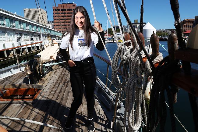 Paige Thomas 14 crew member of the SV Rhona H who were part of the flotilla to say goodbye to the Aurora Australis. Final voyage out of Hobart for the Aurora Australis. Picture: NIKKI DAVIS-JONES