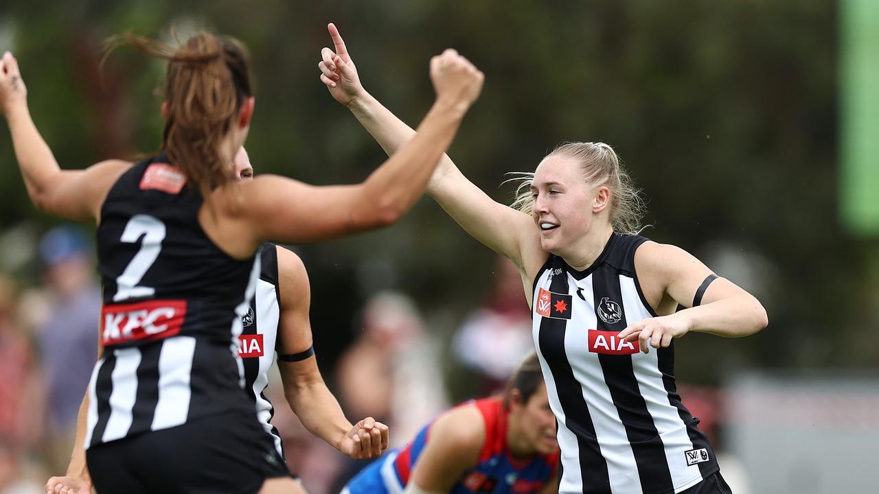 Eliza James celebrates a second quarter goal. Picture: Michael Klein