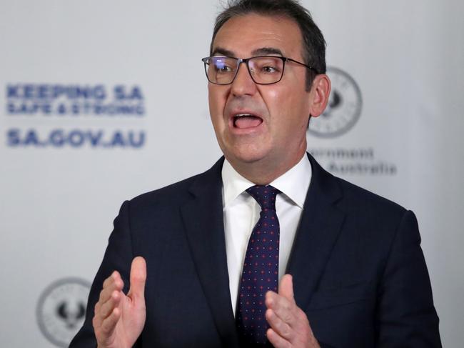 SA Premier Steven Marshall speaks to the media during a press conference in Adelaide, Wednesday, May 20, 2020. As of Friday, indoor dining at cafes and restaurants will be allowed for up to 10 people. (AAP Image/Kelly Barnes) NO ARCHIVING