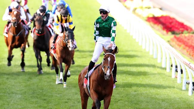 James McDonald celebrates Via Sistina’s emphatic victory in the Cox Plate Picture: Kelly Defina/Getty Images