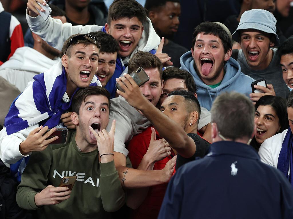 Nick Kyrgios takes a selfie with fans after last night’s win. Picture: Michael Klein