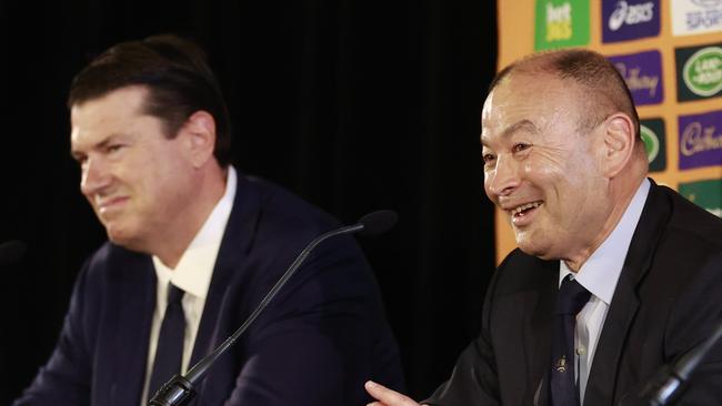 DAILY TELEGRAPH. JANUARY 31, 2023. Pictured at Matraville Sports High School today is new Wallabies head coach Eddie Jones during a press conference with Chairman of Australian Rugby Union Hamish McLennan, and CEO of Australian Rugby Union Andy Marinos, to announce his appointment. Picture: Tim Hunter.