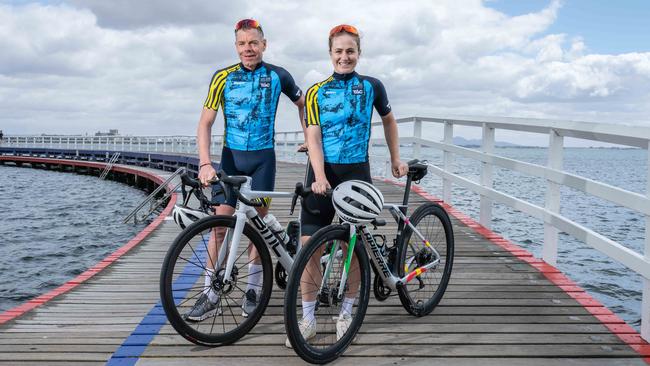 18-11-2024  Cadel Evans Great Ocean Road Race. Olympic gold medalist Grace Brown has been named the Peoples Ride ambassador for 2025. Pictured with Cadel at Eastern Beach. Picture: Brad Fleet