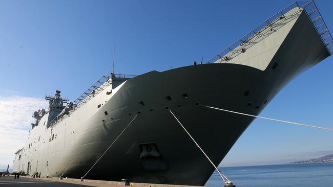 HMAS Canberra, the Royal Australian NavyÕs newest and largest warship, arrives in Hobart. Picture supplied.
