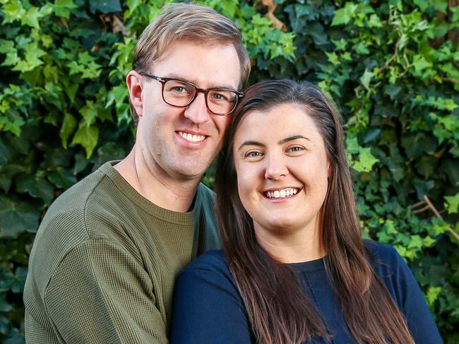 Tara Arnold and Lachlan Stammers at their home in Essendon, which they're leaving to move to Geelong . It's for a story on agents reporting increased interest from Melburnians wanting to leave the city for regional Victoria during COVID-19. Tara said the virus impacting the market allowed them to buy their first home - they kept getting outbid before that. And Lachlan has now seen he's able to work from home because of coronavirus, which will be handy when they make the move. *For Tuesday's paper. Picture: Tim Carrafa