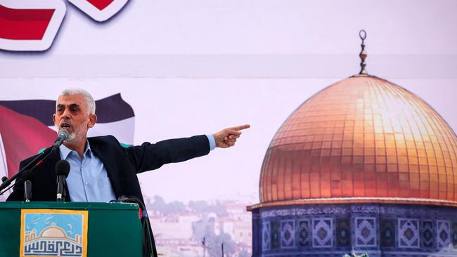 Yahyaa Sinwar, the Gaza Strip chief of the Palestinian Islamist Hamas movement, addresses supporters during a rally. Picture: AFP.