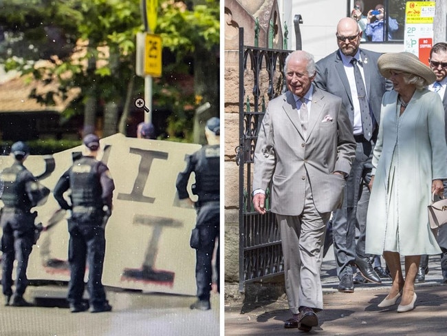 King Charles and Queen Camilla have been greeted by Union Jack-waving royal fans and placard-brandishing protesters at a church in North Sydney.