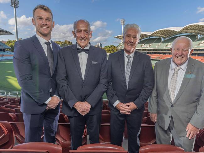 Robbie Gray, Alfie Trebilcock, Brian Cunningham and John Cahill ahead of the Port Adelaide Hall of Fame/season launch. At the Adelaide Oval.  Pictured on 14th FEB 2025. Picture: Ben Clark