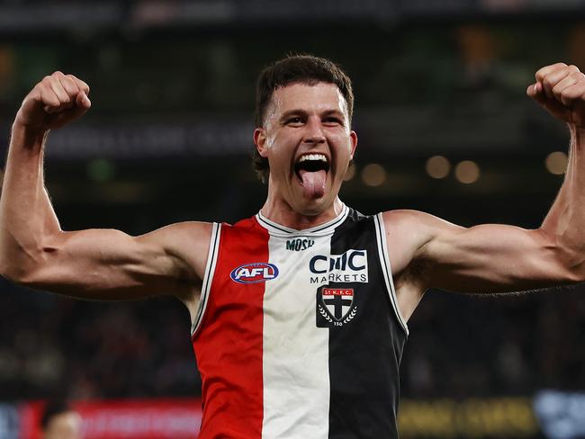 MELBOURNE, AUSTRALIA - August 19, 2023. AFL .   Rowan Marshall of the Saints celebrates a 4th quarter goal during the round 23 match between St Kilda and Geelong at Marvel Stadium in Melbourne, Australia.  Photo by Michael Klein.