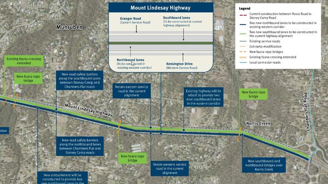 A map of the upgrade to the Mt Lindesay Highway showing rope bridges and the tunnel.