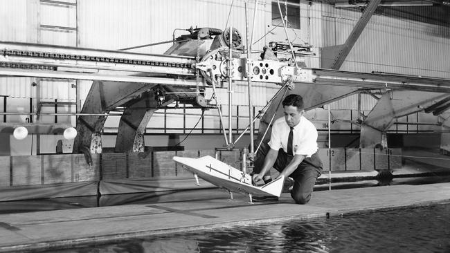 1961 landing test of Dyna-Soar model in Tow Tank 2 from NASA Langley Photo Archives