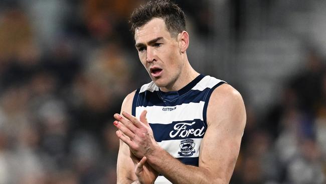 GEELONG, AUSTRALIA - JULY 06: Jeremy Cameron of the Cats celebrates kicking a goal during the round 17 AFL match between Geelong Cats and Hawthorn Hawks at GMHBA Stadium, on July 06, 2024, in Geelong, Australia. (Photo by Daniel Pockett/Getty Images)