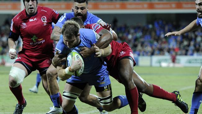 SPORT - Western Force vs Queensland Reds, nib Stadium, Perth. Photo by Daniel Wilkins. PICTURED- Force's Ben McCalman crosses the line for his teams second try of the first half.