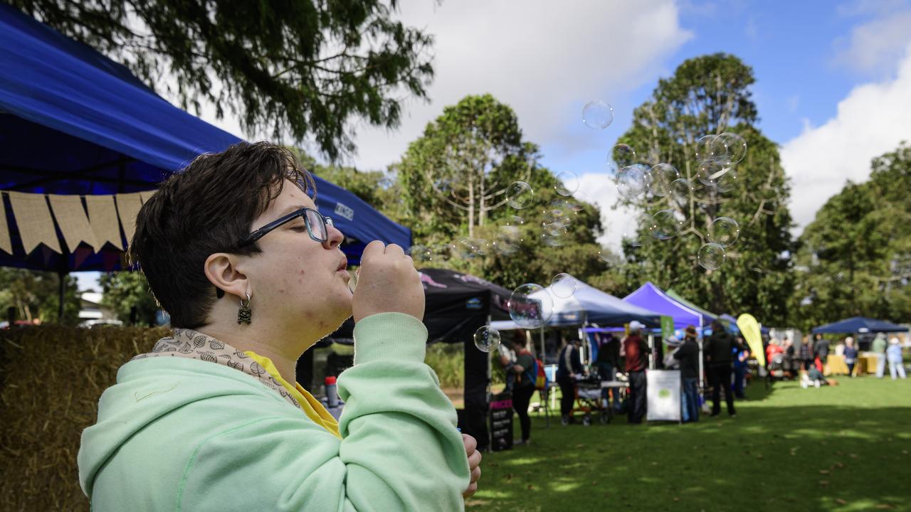 Amari Munro with bubbles at the sensory corner of Toowoomba's World Environment Day celebrations at Lake Annand Park, Sunday, June 1, 2025. Picture: Kevin Farmer