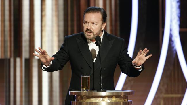 BEVERLY HILLS, CALIFORNIA - JANUARY 04: In this handout photo provided by NBCUniversal Media, LLC,  host Ricky Gervais speaks onstage during the 76th Annual Golden Globe Awards at The Beverly Hilton Hotel on January 5, 2020 in Beverly Hills, California. (Photo by Paul Drinkwater/NBCUniversal Media, LLC via Getty Images)