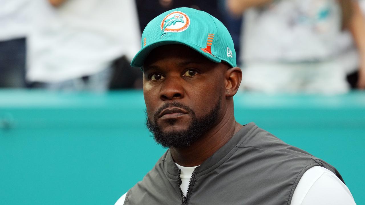 MIAMI GARDENS, FLORIDA - JANUARY 09: Head coach Brian Flores of the Miami Dolphins takes the field during introductions prior to the game against the New England Patriots at Hard Rock Stadium on January 09, 2022 in Miami Gardens, Florida. (Photo by Mark Brown/Getty Images)