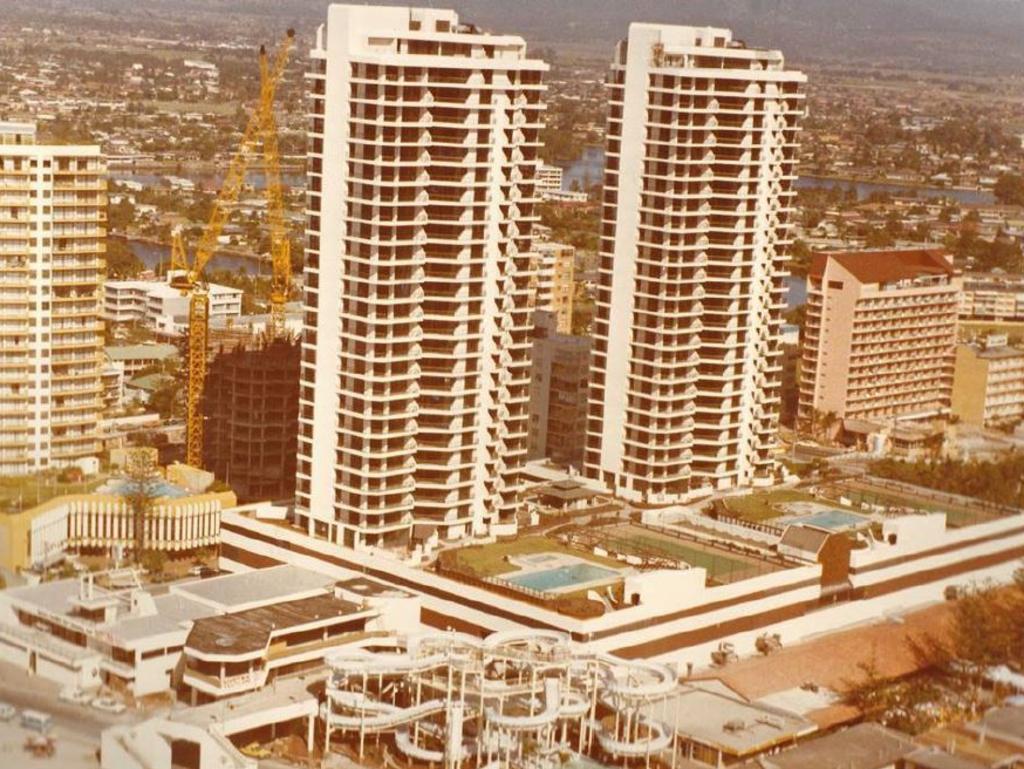 Historic image of Surfers Paradise in the 1980s, featuring the Paradise Centre, Grundy's and Cavill Mall.