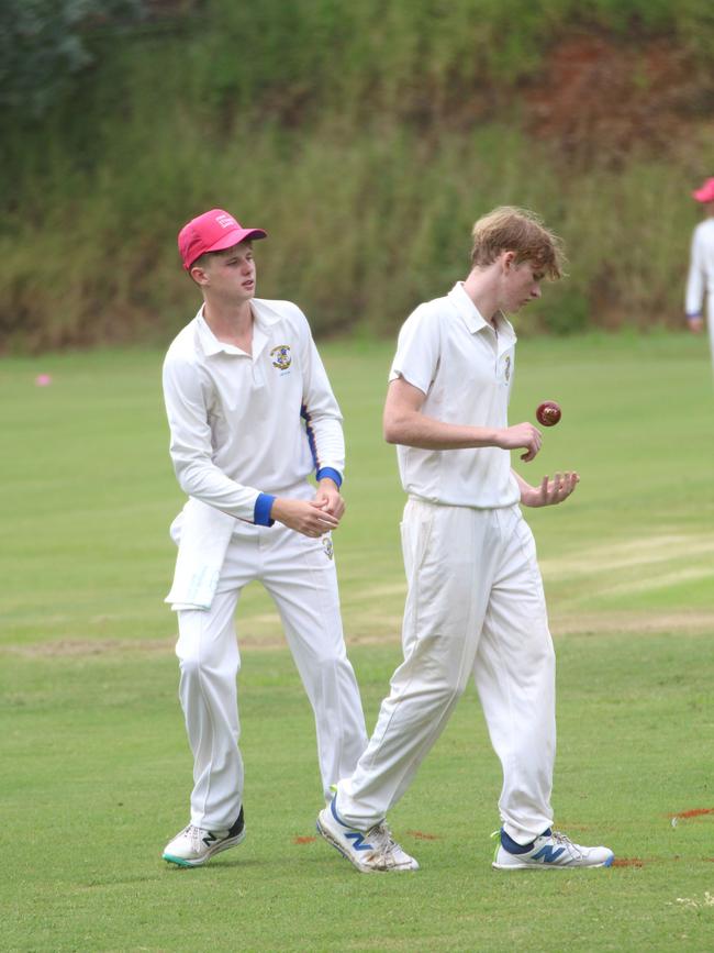Louis Morris and Archie Murray. AIC First XI cricket between St Peters Lutheran College and Marist College Ashgrove. Saturday February 24, 2024.