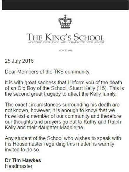 The statement released by The King’s School about Stuart’s death.