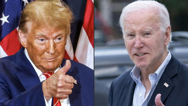 (COMBO) This combination of file pictures created on March 6, 2024, shows former US President and Republican presidential hopeful Donald Trump in Clinton, Iowa, on January 6, 2024; and US President Joe Biden in Rehoboth Beach, Delaware, on November 4, 2023.. Biden will meet with President-elect Trump at the White House on November 13, 2024, after the US leader pledged an orderly transfer of power back to the Republican he beat in elections just four years ago. (Photo by TANNEN MAURY and Brendan Smialowski / AFP)