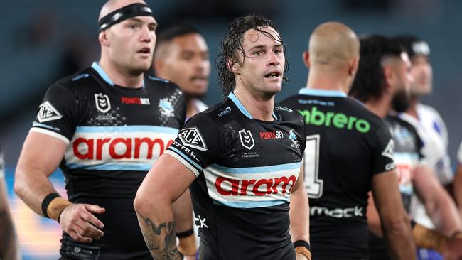 SYDNEY, AUSTRALIA - JUNE 28:  Nicho Hynes of the Sharks reactsduring the round 17 NRL match between Canterbury Bulldogs and Cronulla Sharks at Accor Stadium on June 28, 2024, in Sydney, Australia. (Photo by Cameron Spencer/Getty Images)