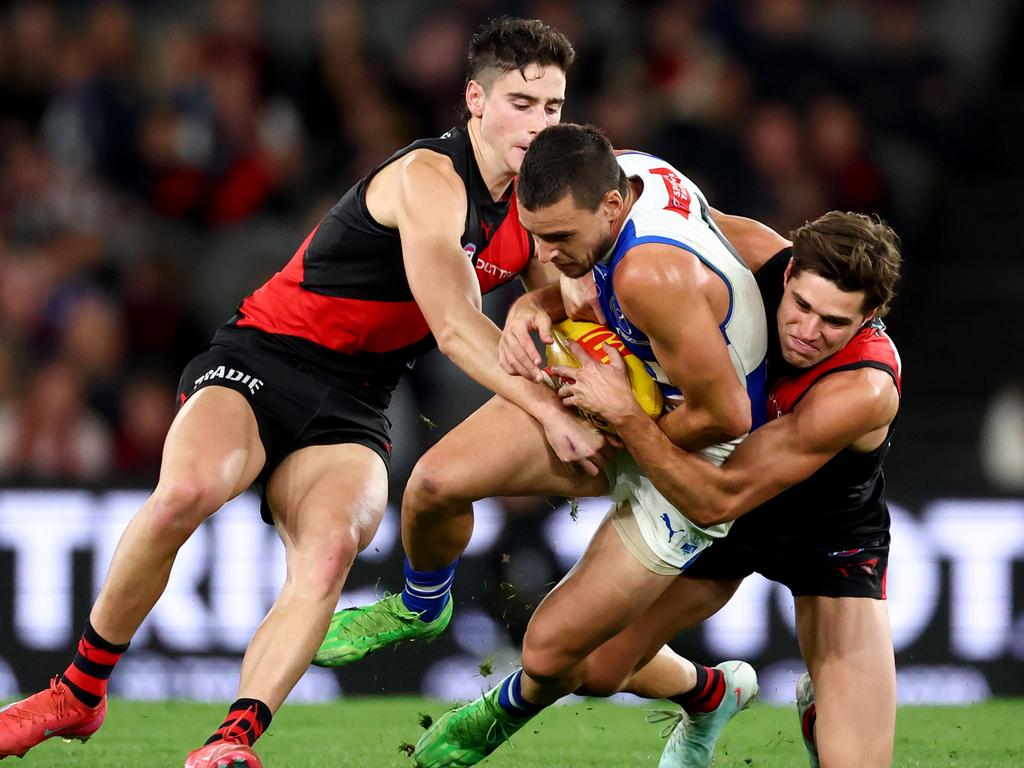 Luke Davies-Uniacke is tackled on Thursday night. Picture: Getty Images