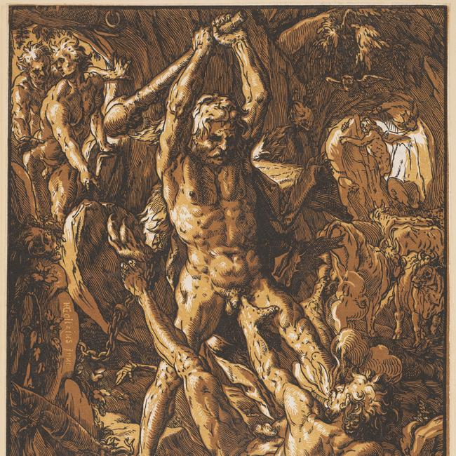 Hendrick Goltzius 'Hercules and Cacus' 1588 chiaroscuro woodcut, line block in black and 2 tone blocks in ochre and brown, Art Gallery of New South Wales,