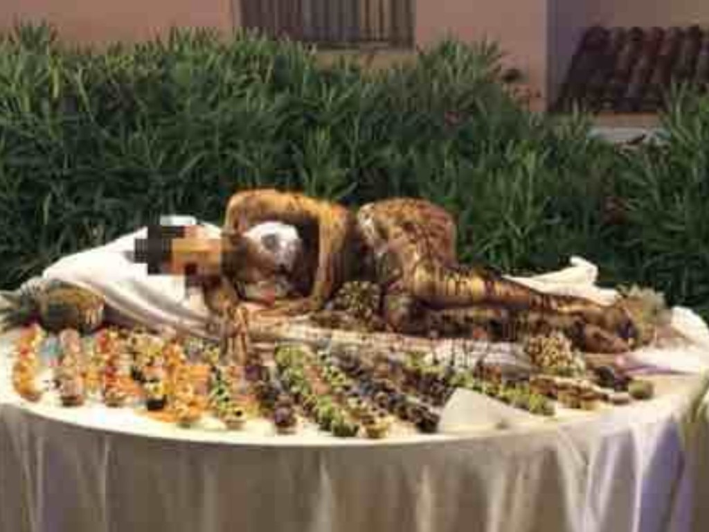 The woman was wearing a bikini as she lay in the centre of a buffet, covered in chocolate. Picture: LinkedIn/Federico Mazzieri
