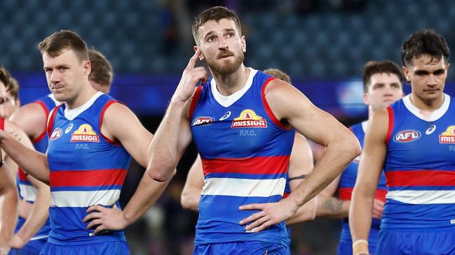 The Bulldogs look dejected after their loss to West Coast.