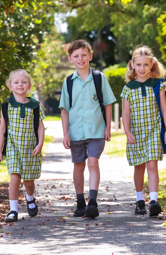 Billie, 5, Taj, 9, and Zali, 7, Forster, who need new items for school. Picture: Justin Lloyd.