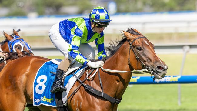 Prairie Flower, ridden by Kayla Crowther, surges to victory in the Listed Durbridge Stakes at Morphettville.