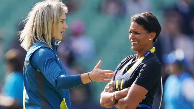 Ellyse Perry with commentator Mel Jones at the MCG. Picture: AAP